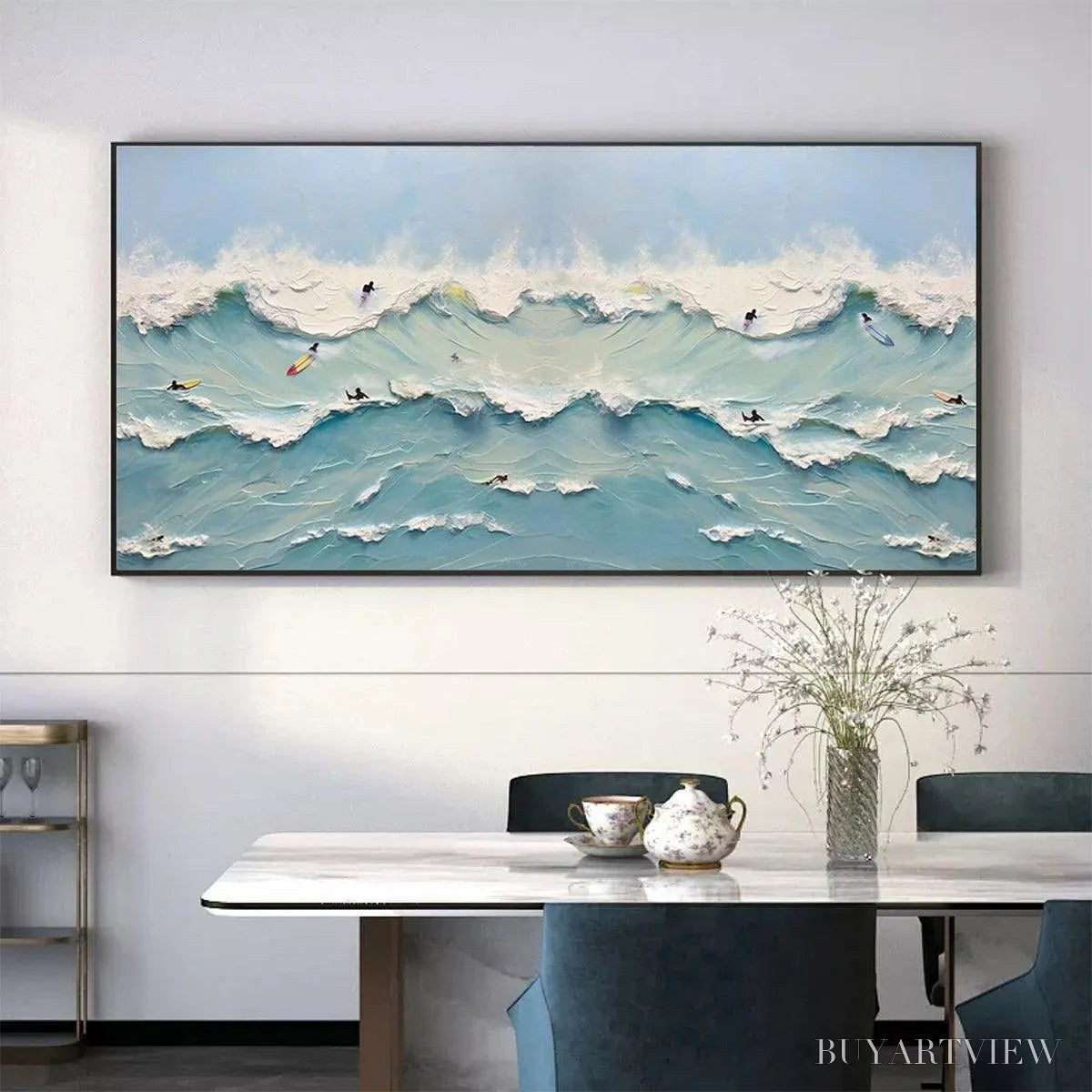 BUYARTVIEW Ocean'S Heartbeat – Panoramic Ocean Wave Painting with Surfers - image 5
