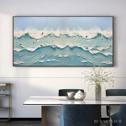 BUYARTVIEW Ocean'S Heartbeat – Panoramic Ocean Wave Painting with Surfers - image 5