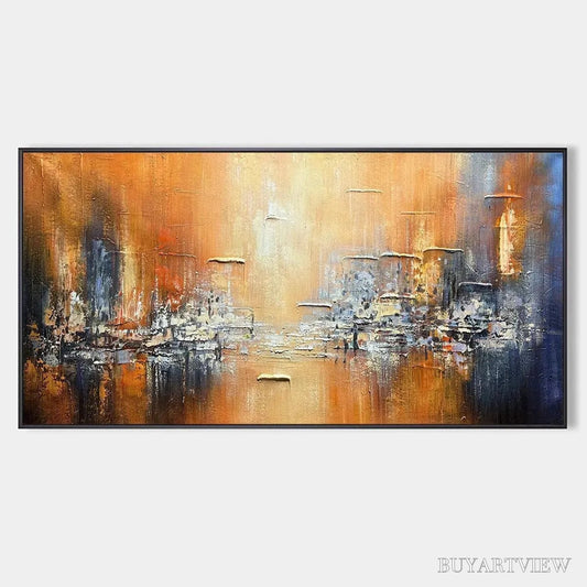 BUYARTVIEW Golden City – Textured Abstract Cityscape Painting in Orange and Blue - image 1