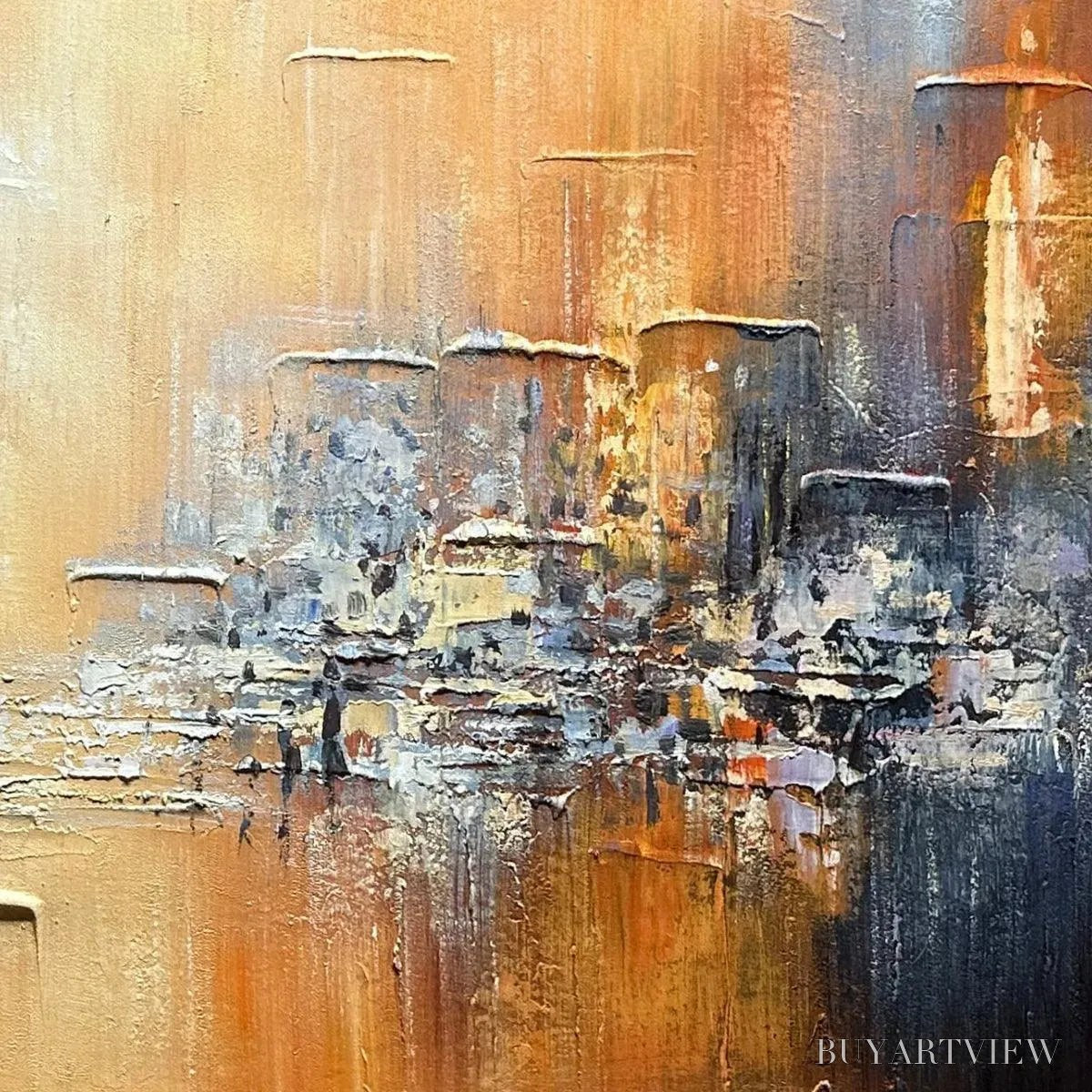 BUYARTVIEW Golden City – Textured Abstract Cityscape Painting in Orange and Blue - image 3