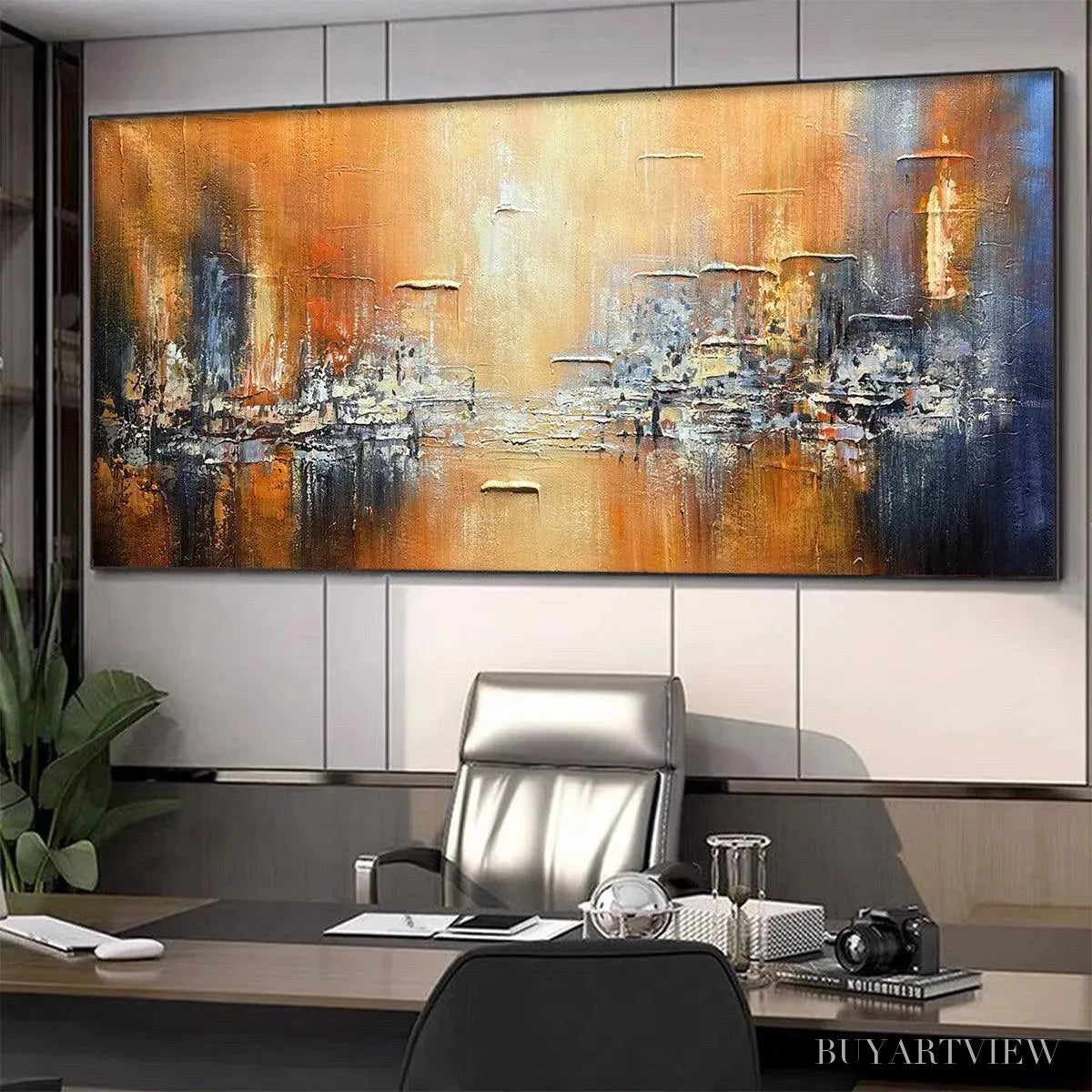 BUYARTVIEW Golden City – Textured Abstract Cityscape Painting in Orange and Blue - image 4