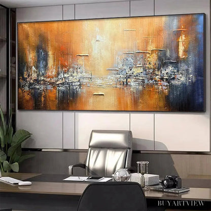 BUYARTVIEW Golden City – Textured Abstract Cityscape Painting in Orange and Blue - image 4