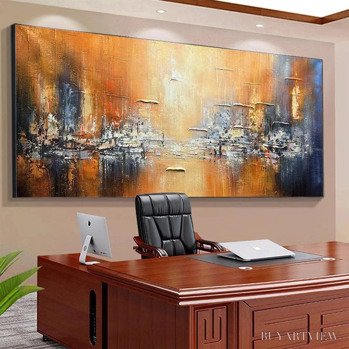 BUYARTVIEW Golden City – Textured Abstract Cityscape Painting in Orange and Blue - image 6