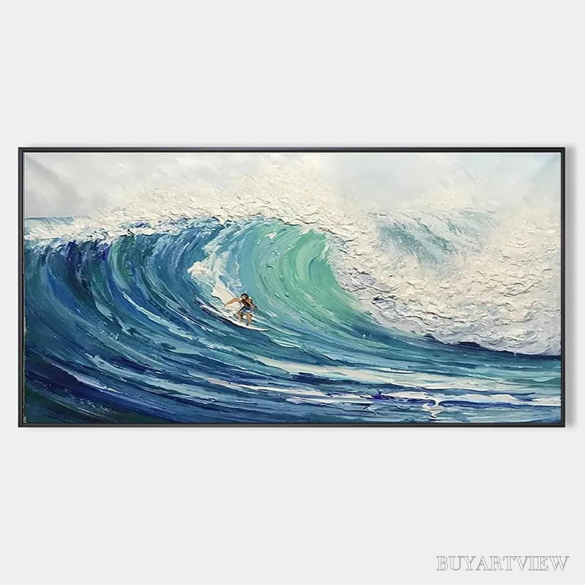 BUYARTVIEW Emerald Surge – Textured Blue Ocean Wave Painting with Surfer - image 1