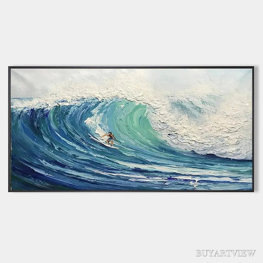BUYARTVIEW Emerald Surge – Textured Blue Ocean Wave Painting with Surfer - image 1