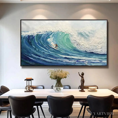 BUYARTVIEW Emerald Surge – Textured Blue Ocean Wave Painting with Surfer - image 4