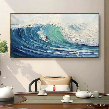 BUYARTVIEW Emerald Surge – Textured Blue Ocean Wave Painting with Surfer - image 5