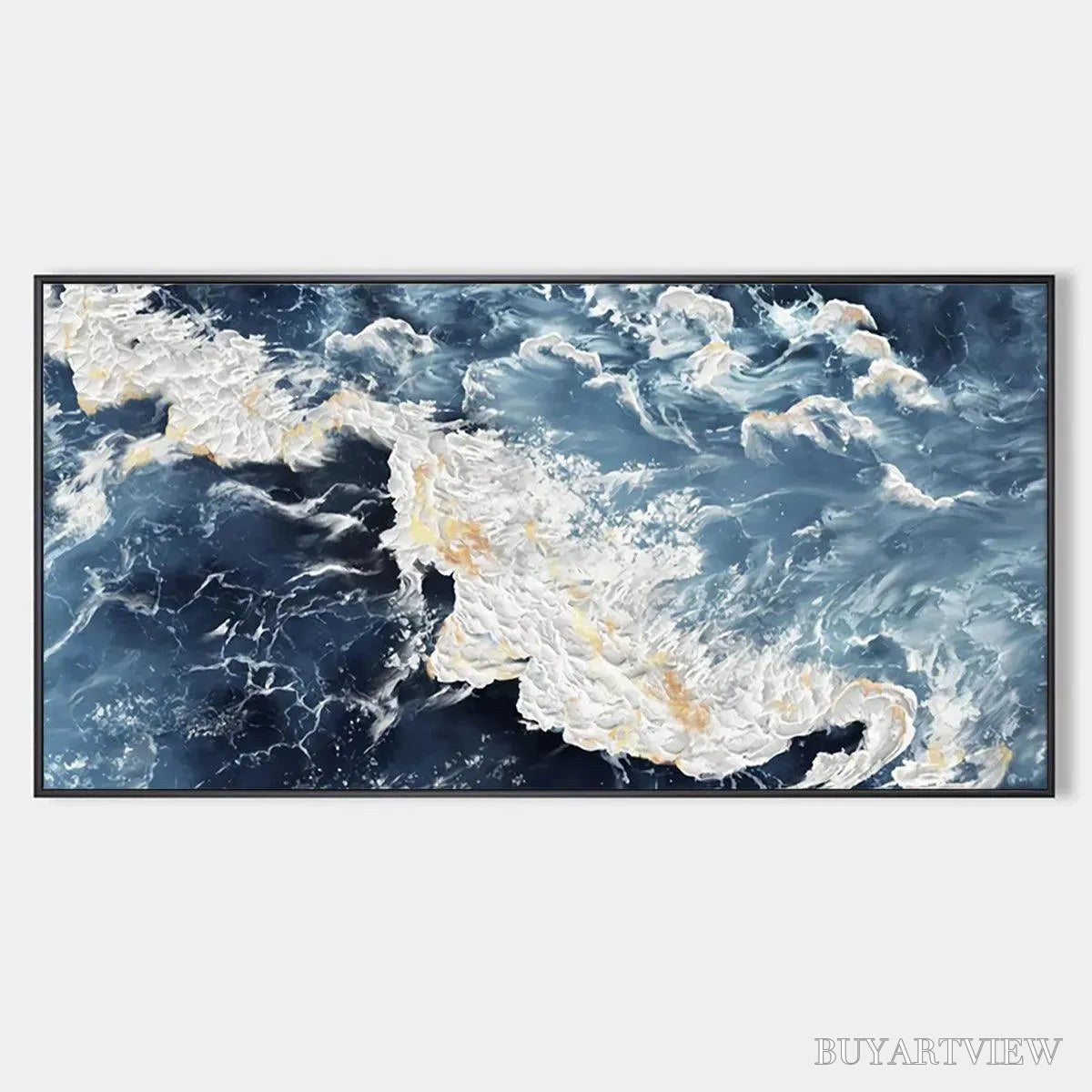 BUYARTVIEW Azure Whispers – Panoramic Abstract Ocean Painting in Blue and Gold - image 1