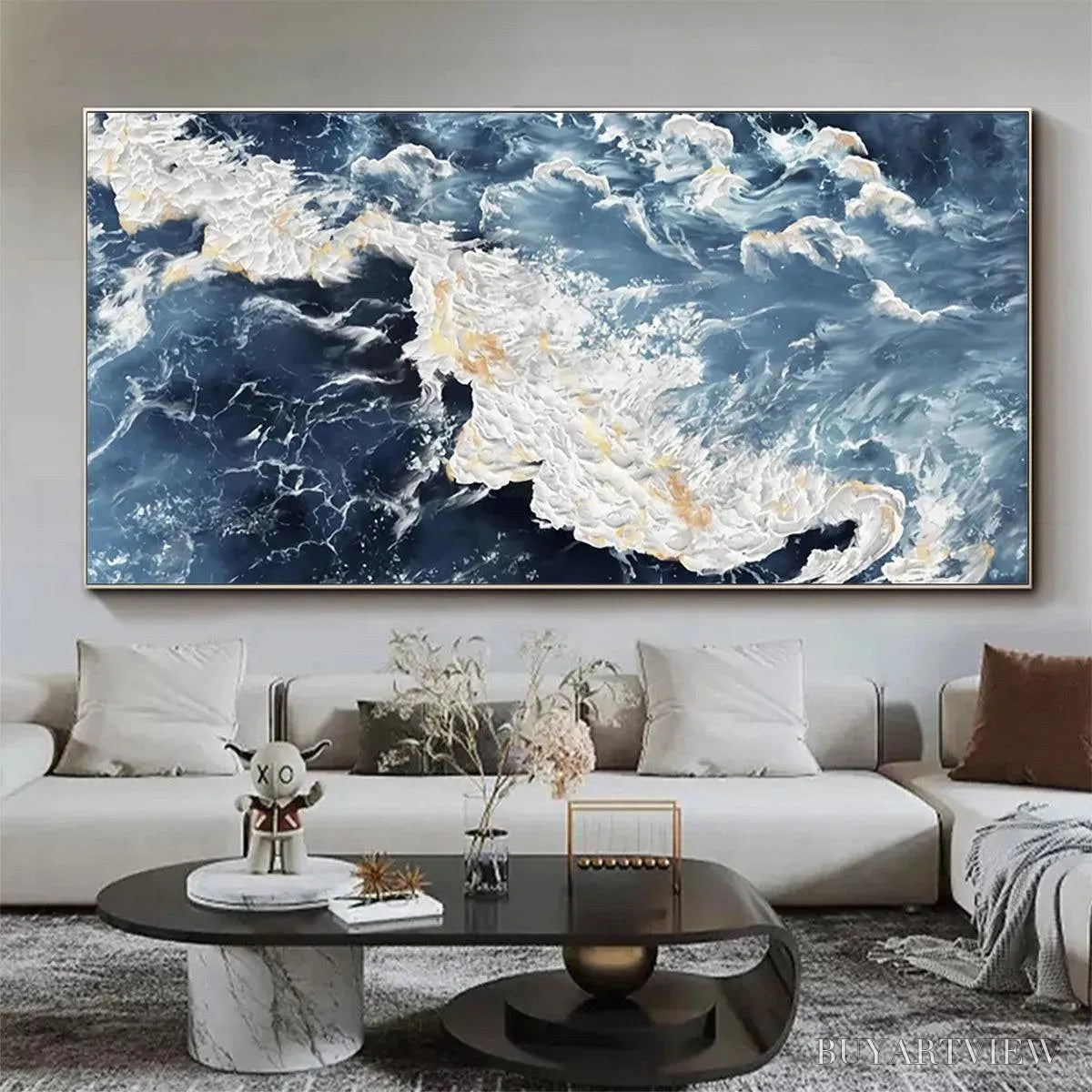 BUYARTVIEW Azure Whispers – Panoramic Abstract Ocean Painting in Blue and Gold - image 2