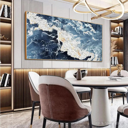 BUYARTVIEW Azure Whispers – Panoramic Abstract Ocean Painting in Blue and Gold - image 4