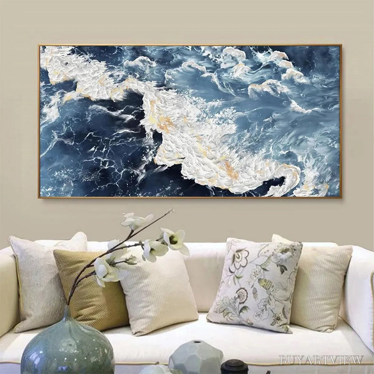 BUYARTVIEW Azure Whispers – Panoramic Abstract Ocean Painting in Blue and Gold - image 5