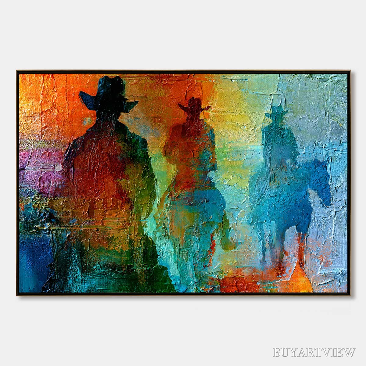 BUYARTVIEW Horizon Riders – Textured Abstract Western Painting of Riders on Horseback - image 1