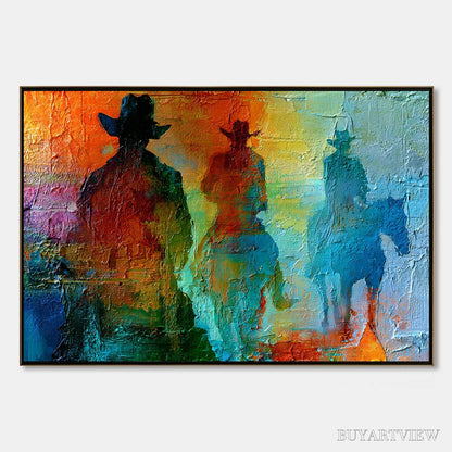 BUYARTVIEW Horizon Riders – Textured Abstract Western Painting of Riders on Horseback - image 1