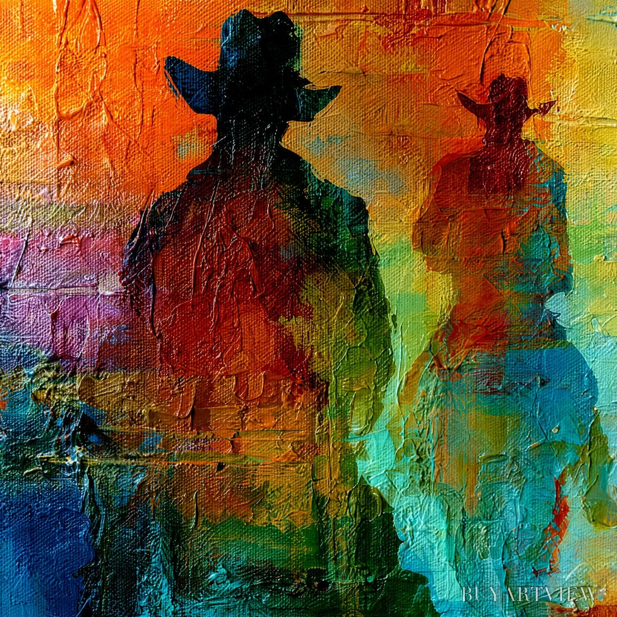 BUYARTVIEW Horizon Riders – Textured Abstract Western Painting of Riders on Horseback - image 3