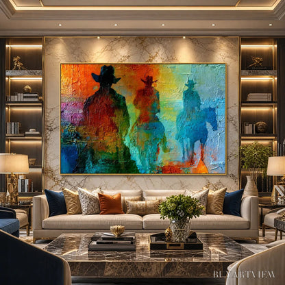BUYARTVIEW Horizon Riders – Textured Abstract Western Painting of Riders on Horseback - image 4