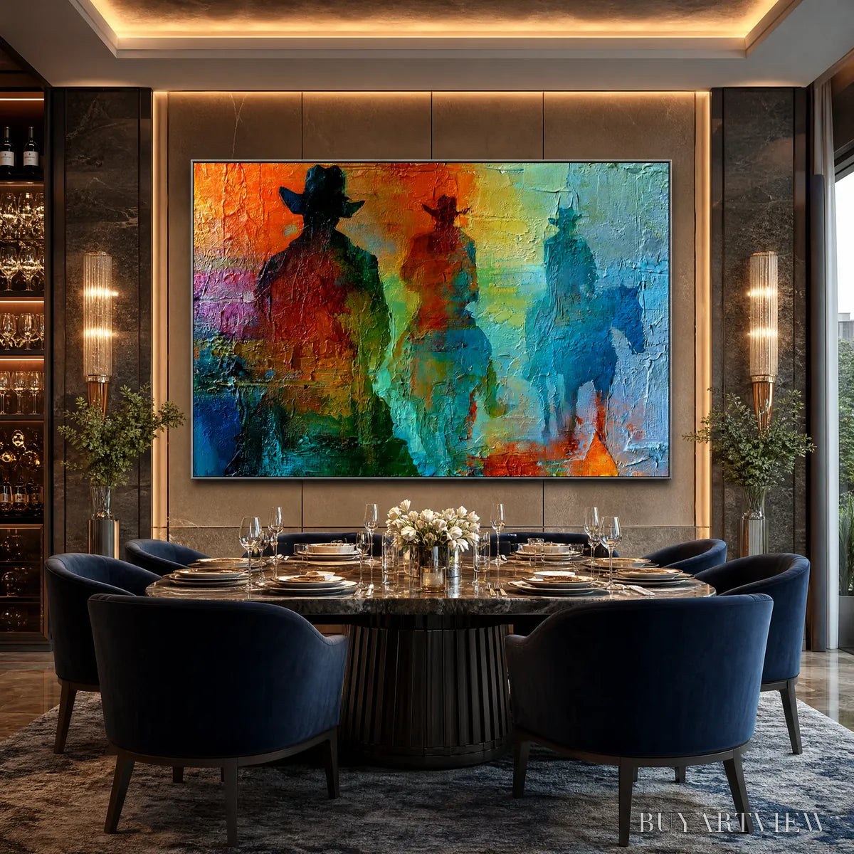 BUYARTVIEW Horizon Riders – Textured Abstract Western Painting of Riders on Horseback - image 5