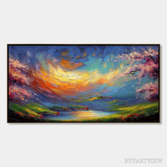 BUYARTVIEW Celestial Embrace – Heavily Textured Impasto Landscape Painting of a Vibrant Sunset - image 1