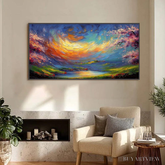 BUYARTVIEW Celestial Embrace – Heavily Textured Impasto Landscape Painting of a Vibrant Sunset - image 2