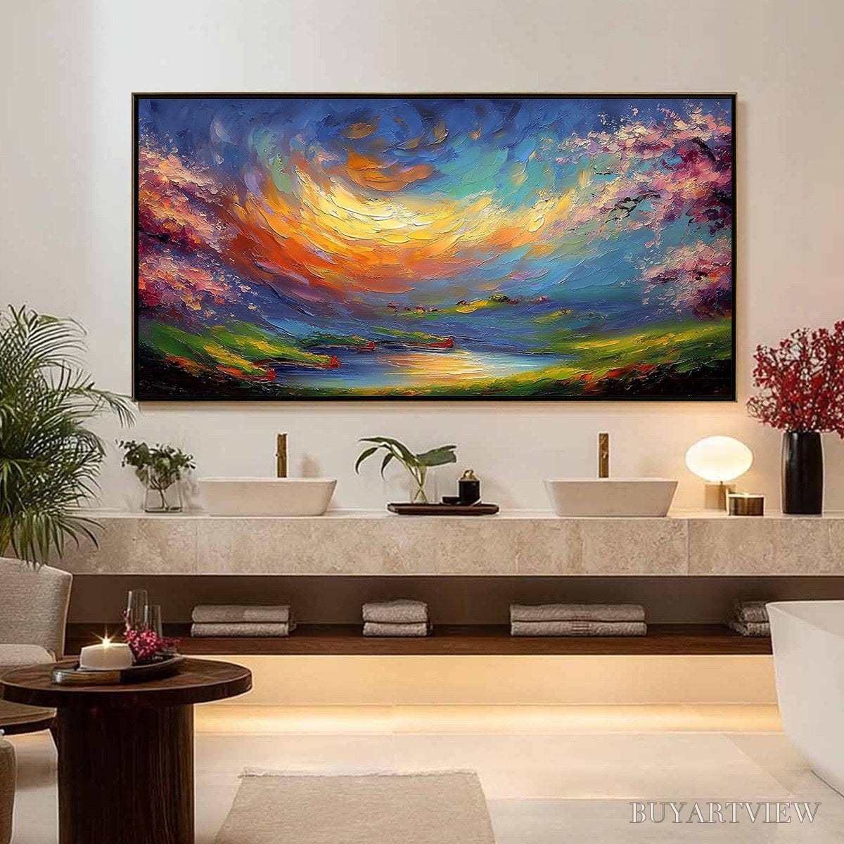 BUYARTVIEW Celestial Embrace – Heavily Textured Impasto Landscape Painting of a Vibrant Sunset - image 4