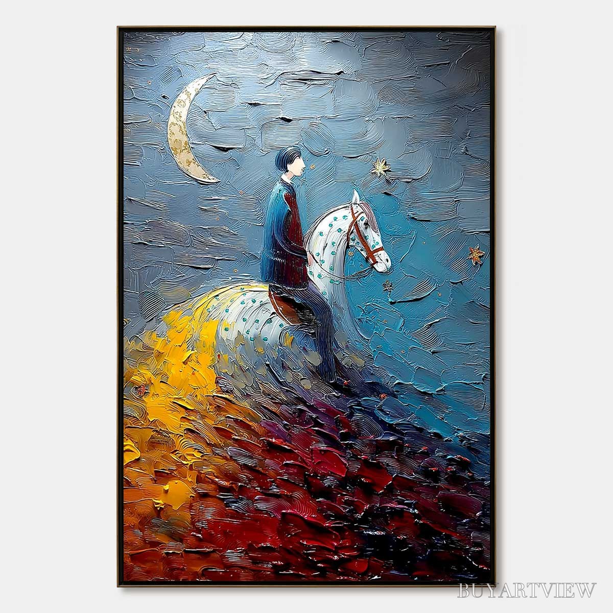 BUYARTVIEW Lunar Journey – Textured Figurative Painting of a Rider Under the Moon - image 1