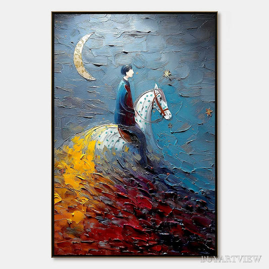 BUYARTVIEW Lunar Journey – Textured Figurative Painting of a Rider Under the Moon - image 1