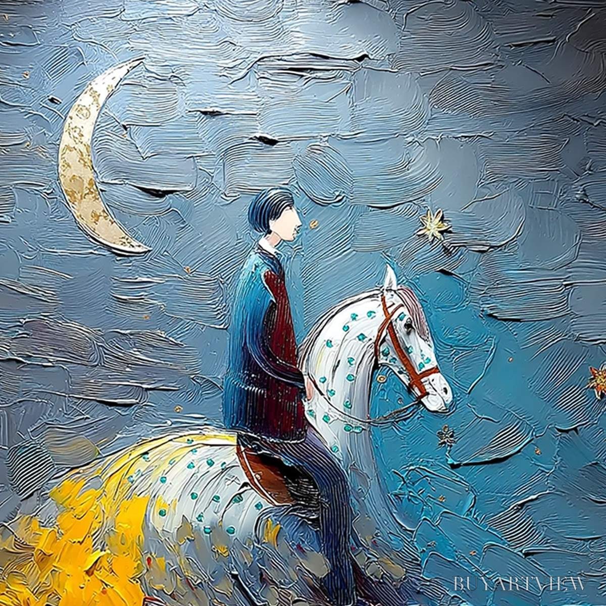 BUYARTVIEW Lunar Journey – Textured Figurative Painting of a Rider Under the Moon - image 3