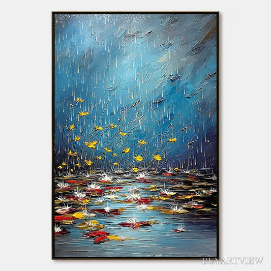 BUYARTVIEW Azure Reverie – Textured Impasto Painting of a Lily Pond in the Rain - image 1