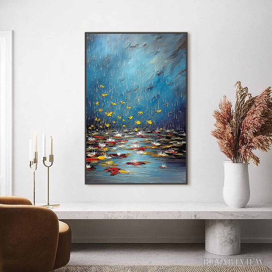 BUYARTVIEW Azure Reverie – Textured Impasto Painting of a Lily Pond in the Rain - image 2