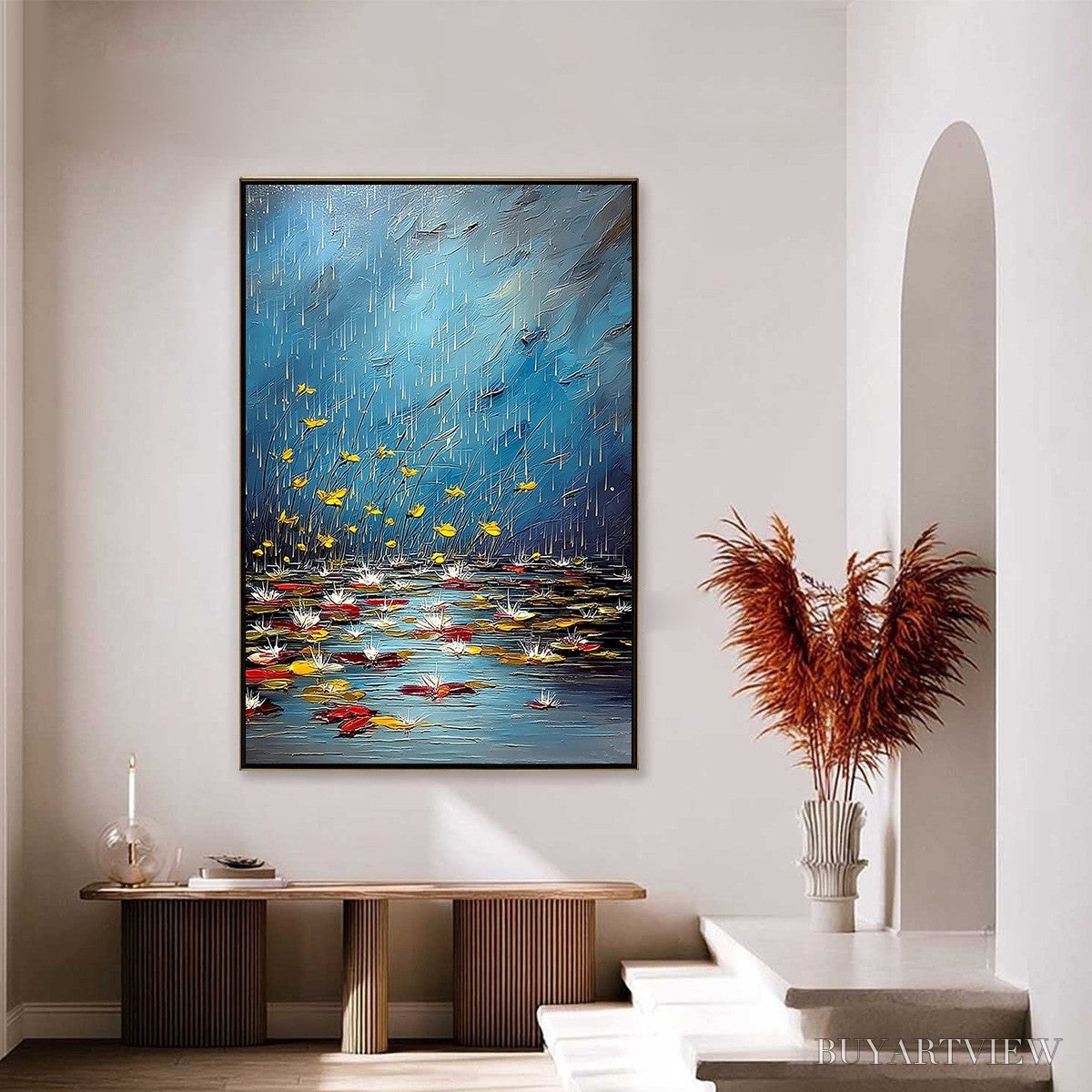 BUYARTVIEW Azure Reverie – Textured Impasto Painting of a Lily Pond in the Rain - image 4