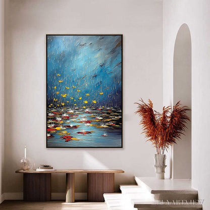 BUYARTVIEW Azure Reverie – Textured Impasto Painting of a Lily Pond in the Rain - image 4