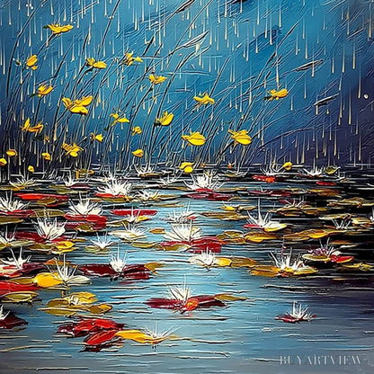 BUYARTVIEW Azure Reverie – Textured Impasto Painting of a Lily Pond in the Rain - image 5