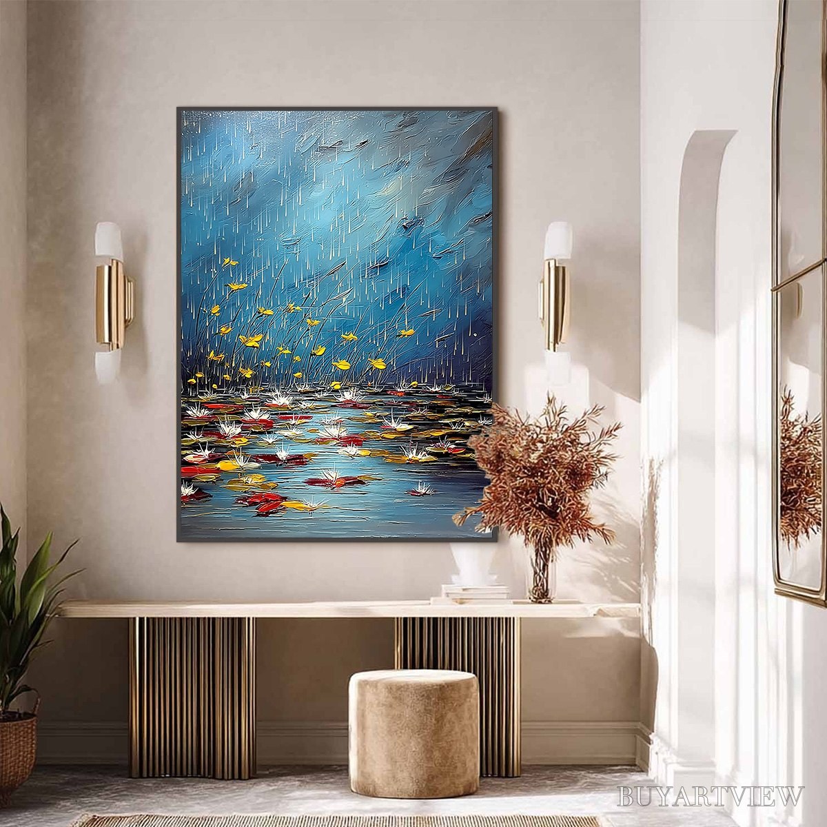 BUYARTVIEW Azure Reverie – Textured Impasto Painting of a Lily Pond in the Rain - image 6