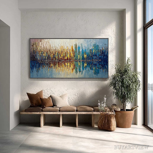 BUYARTVIEW Urban Twilight – Textured Palette Knife Abstract Cityscape Painting - image 2