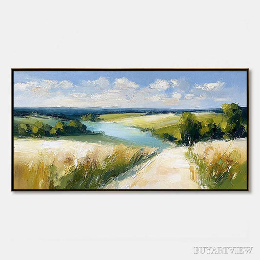 BUYARTVIEW Golden Meadow Path – Textured Impasto Landscape Painting of a Countryside River - image 1