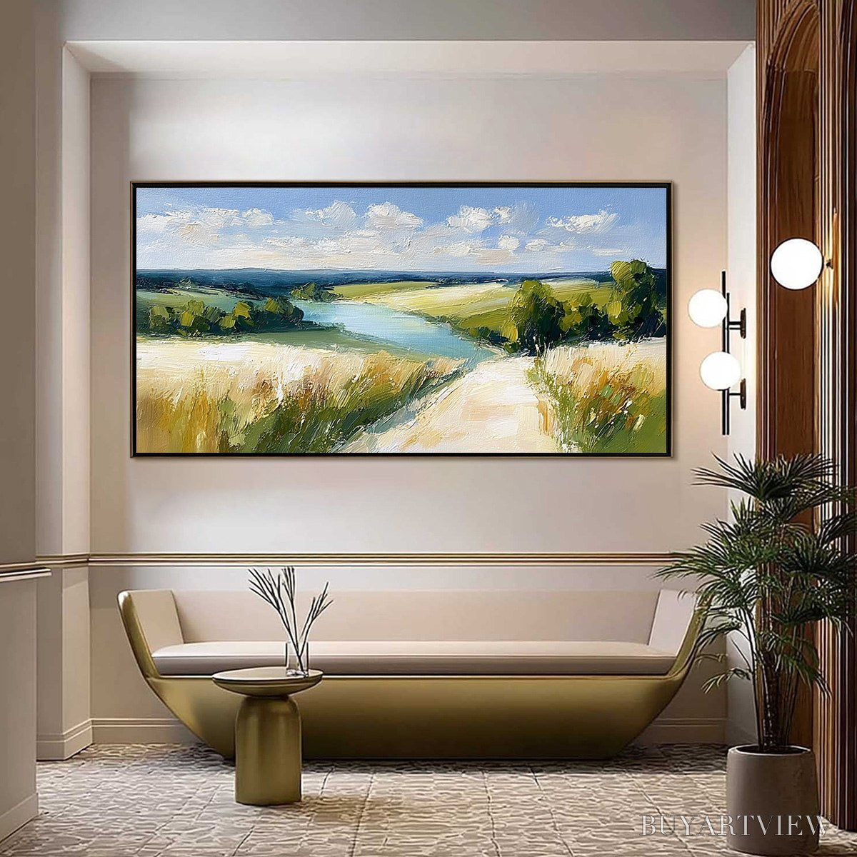 BUYARTVIEW Golden Meadow Path – Textured Impasto Landscape Painting of a Countryside River - image 2