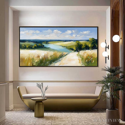 BUYARTVIEW Golden Meadow Path – Textured Impasto Landscape Painting of a Countryside River - image 2
