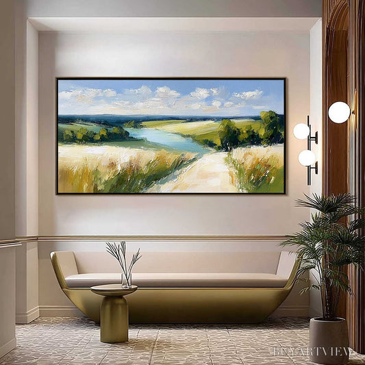BUYARTVIEW Golden Meadow Path – Textured Impasto Landscape Painting of a Countryside River - image 2
