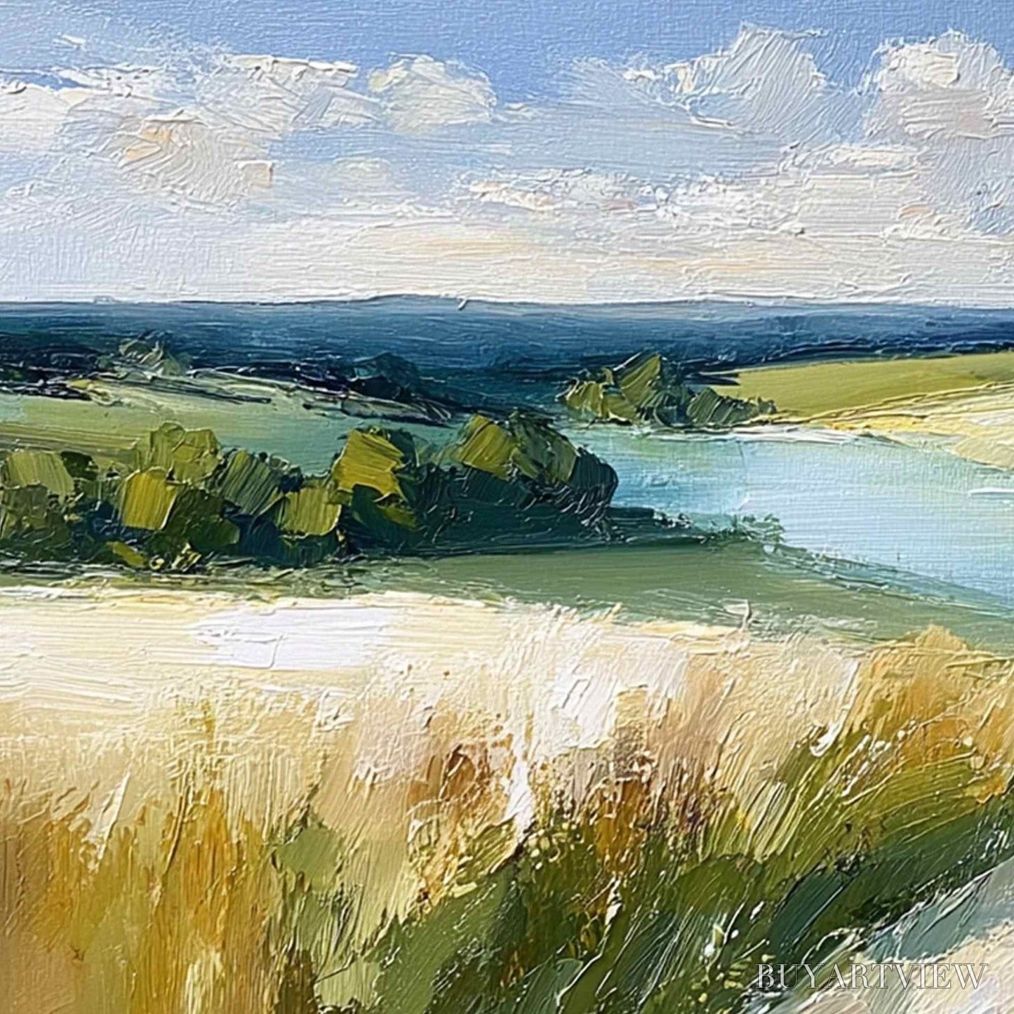 BUYARTVIEW Golden Meadow Path – Textured Impasto Landscape Painting of a Countryside River - image 3