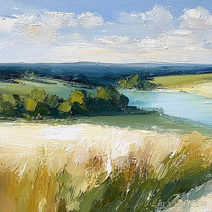 BUYARTVIEW Golden Meadow Path – Textured Impasto Landscape Painting of a Countryside River - image 3