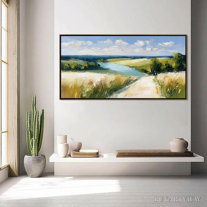 BUYARTVIEW Golden Meadow Path – Textured Impasto Landscape Painting of a Countryside River - image 4