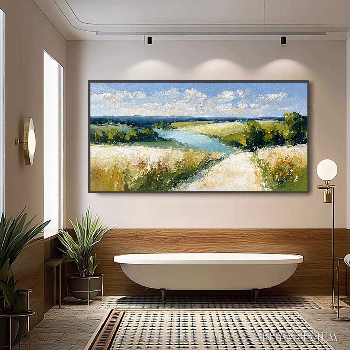 BUYARTVIEW Golden Meadow Path – Textured Impasto Landscape Painting of a Countryside River - image 6