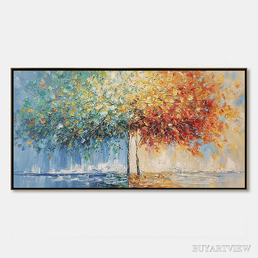 BUYARTVIEW Harmony in Transition – Colorful Palette Knife Tree Landscape Oil Painting - image 1