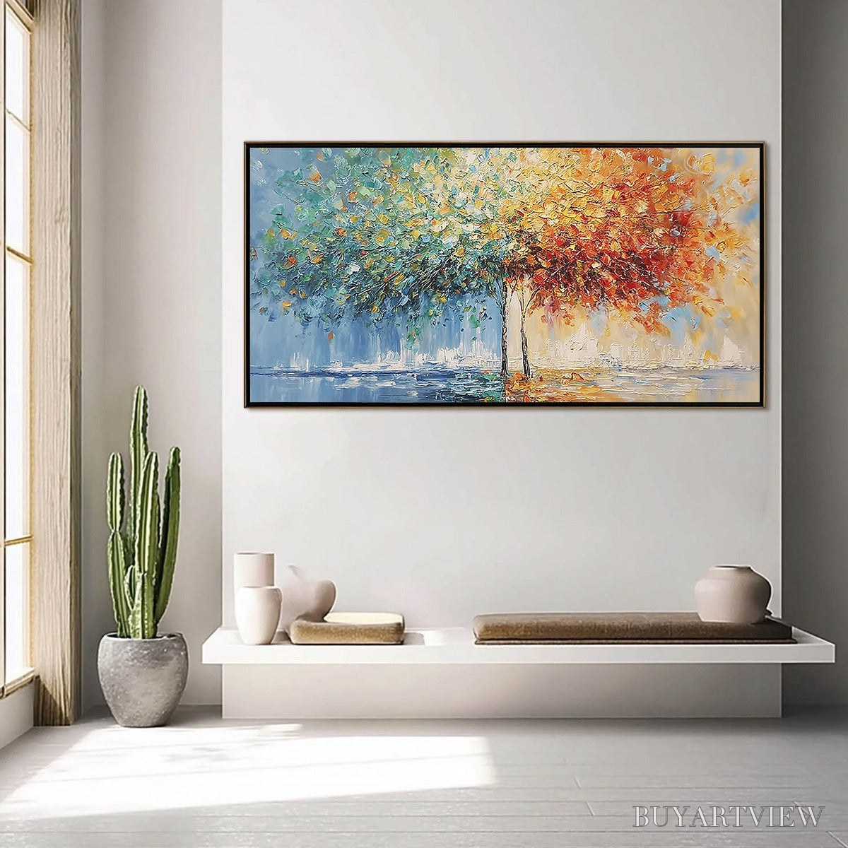 BUYARTVIEW Harmony in Transition – Colorful Palette Knife Tree Landscape Oil Painting - image 4