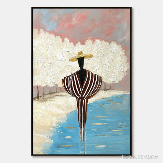 BUYARTVIEW Serene Reflection – Textured Figurative Painting of a Person by the Water - image 1