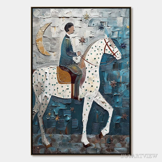 BUYARTVIEW Moonlit Odyssey – Textured Figurative Painting of a Man on Horseback - image 1