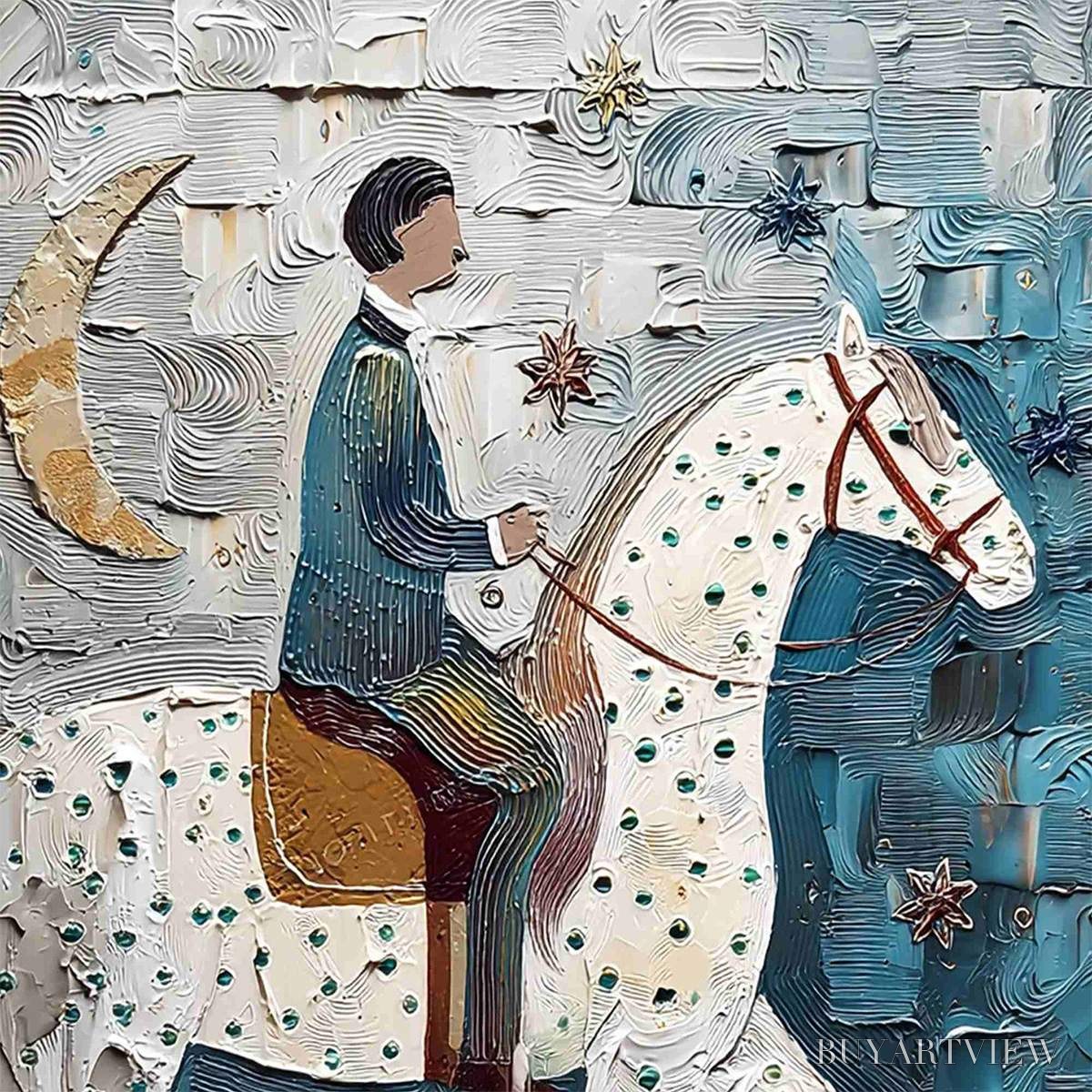 BUYARTVIEW Moonlit Odyssey – Textured Figurative Painting of a Man on Horseback - image 3
