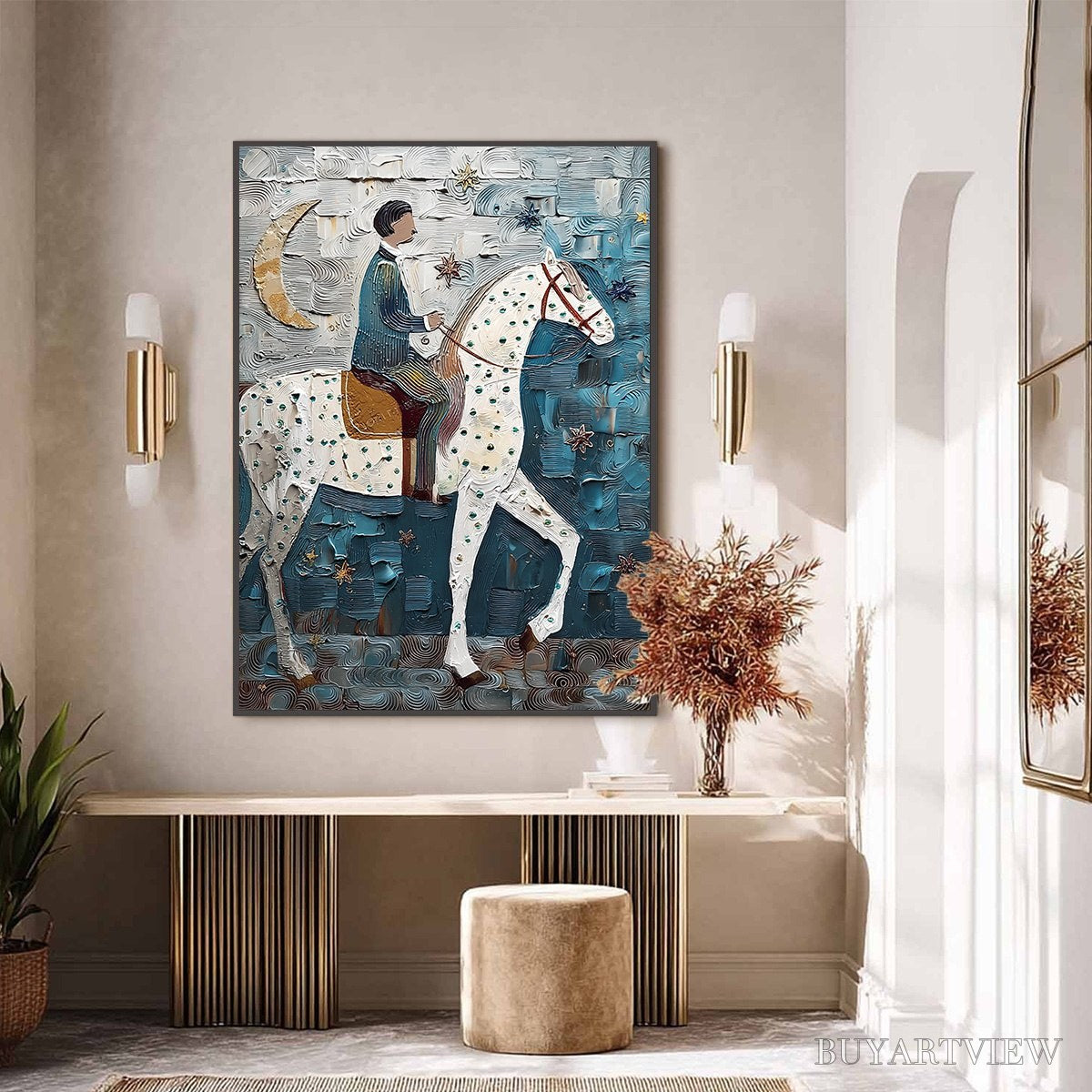 BUYARTVIEW Moonlit Odyssey – Textured Figurative Painting of a Man on Horseback - image 4