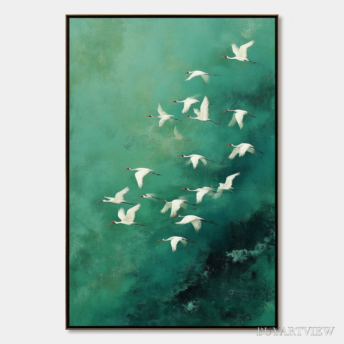 BUYARTVIEW Celestial Journey | Green Crane Abstract Vertical Oil Painting - image 1