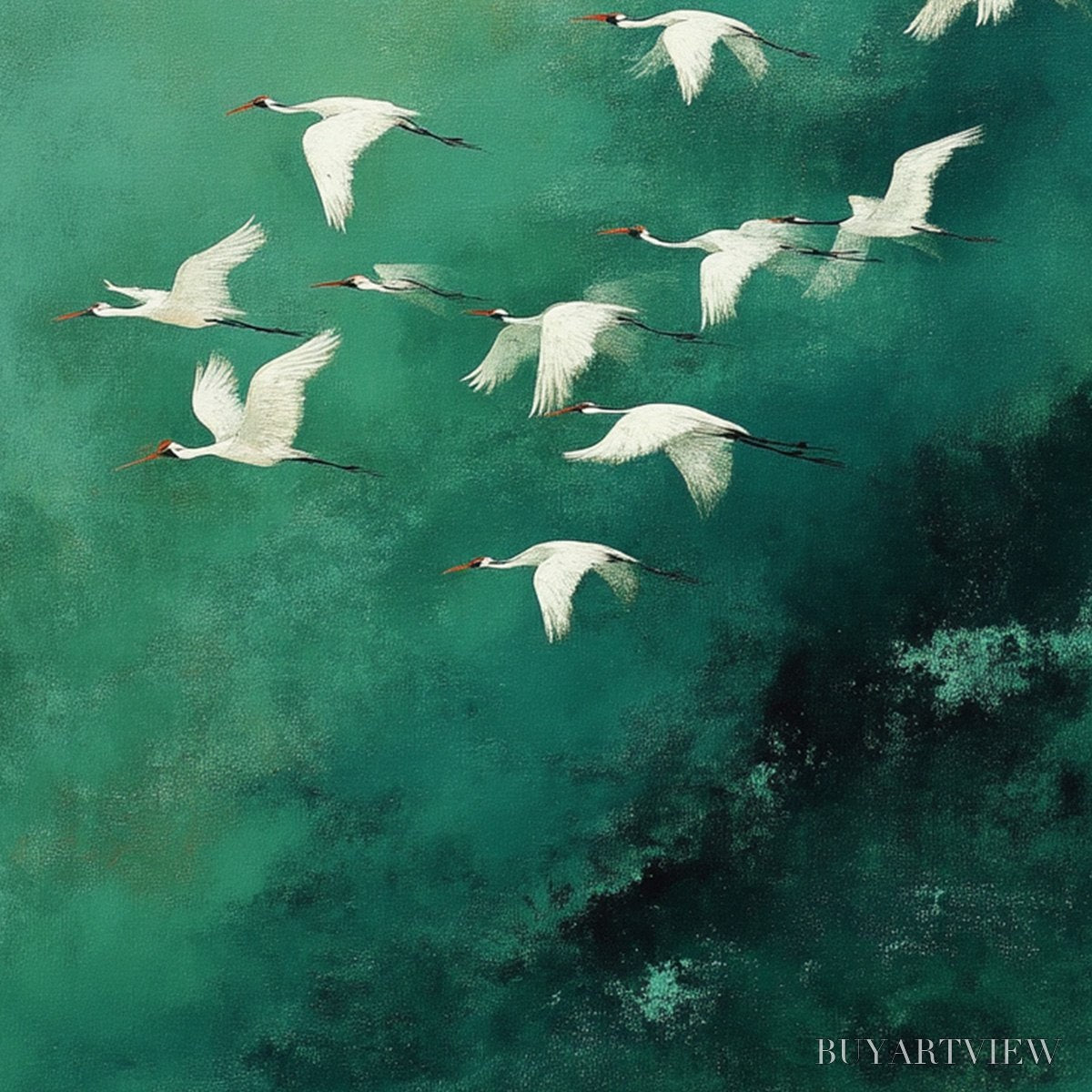 BUYARTVIEW Celestial Journey | Green Crane Abstract Vertical Oil Painting - image 3