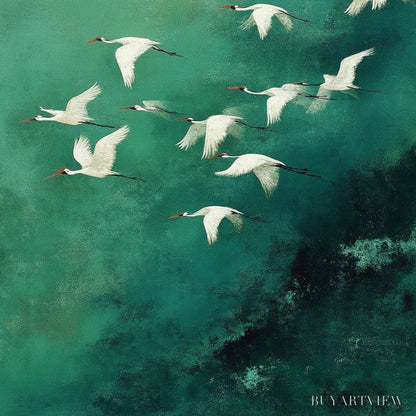 BUYARTVIEW Celestial Journey | Green Crane Abstract Vertical Oil Painting - image 3
